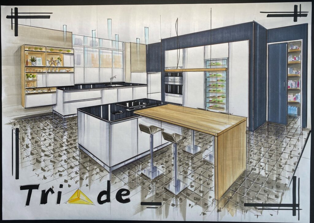 Rénovation d'une cuisine étape par étape, projet finalisé avec un Ewall TRIADE Bailleul Flandres Nord Belgique perspective a la main 3d