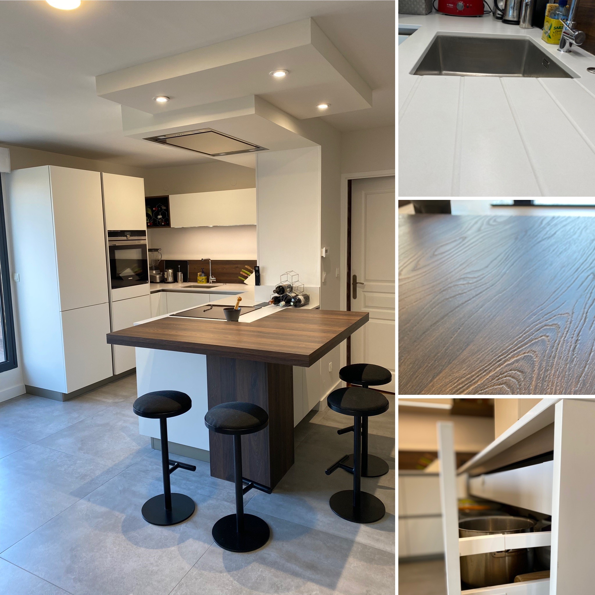 Rénovation d'un appartement, conception d'une cuisine ouverte, snaidero, plan de travail en Quartz. Carrelage de sol 90x90-TRIADE Bailleul - Nord de France - pas de calais - Lille - Les Flandres - Bailleul -La Belgique